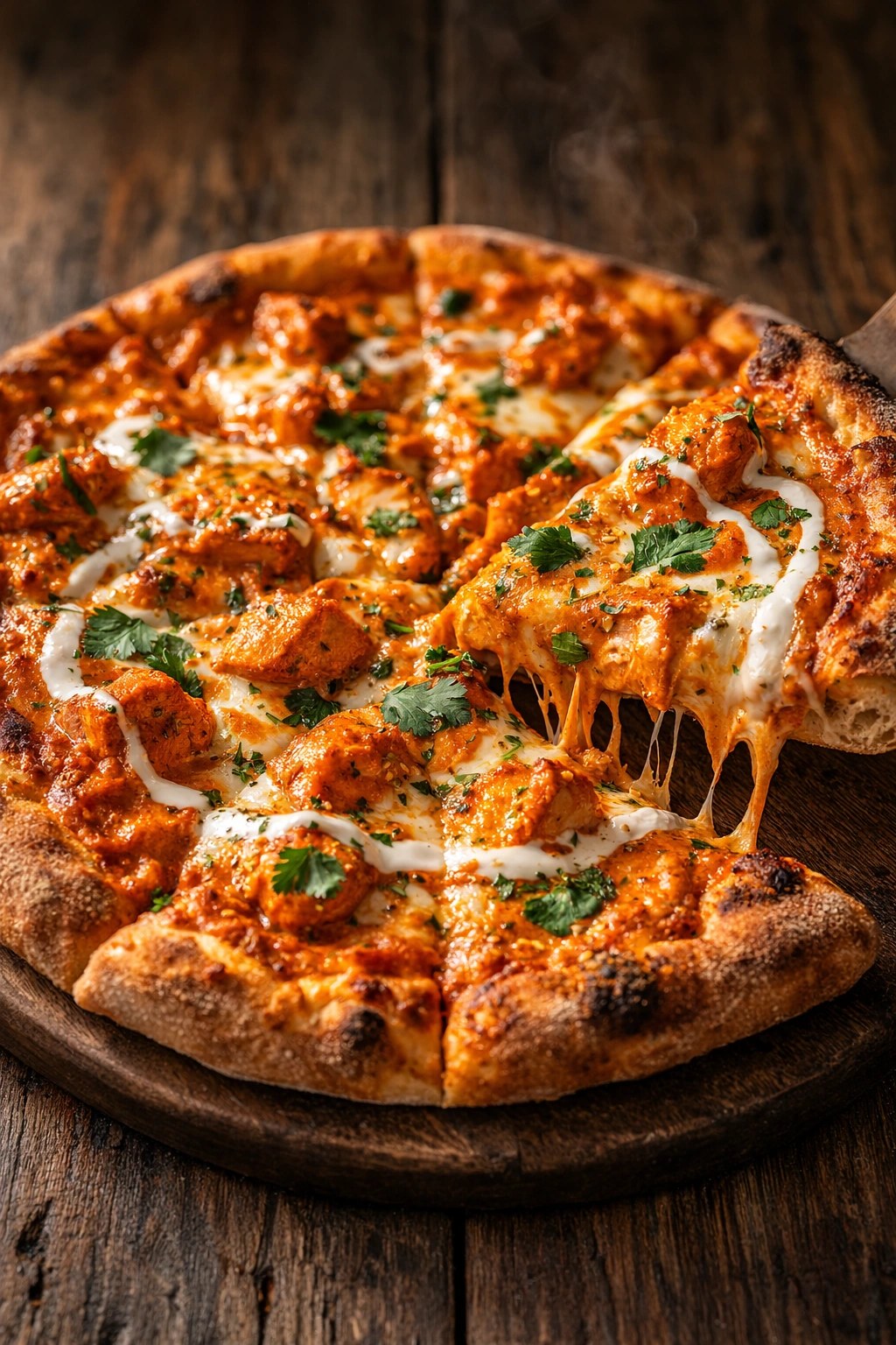 Butter Chicken Pizza at Hot Pizza & Donair Calgary — homemade butter chicken sauce with 100% mozzarella on fresh dough