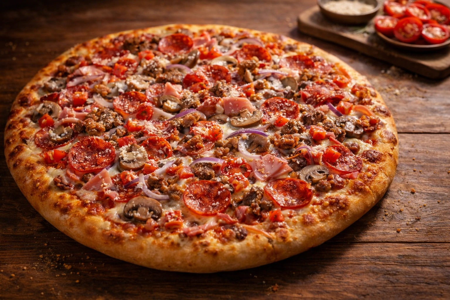 Italian Special Pizza at Hot Pizza & Donair Calgary — mushroom, Italian sausages, pepperoni, ham, salami, onion, tomatoes and Parmesan