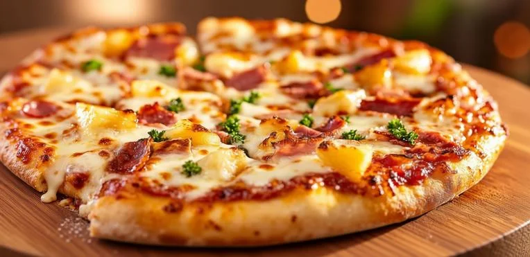 Super Hawaiian Pizza at Hot Pizza & Donair Calgary — ham, pineapple and melted mozzarella on fresh handmade dough